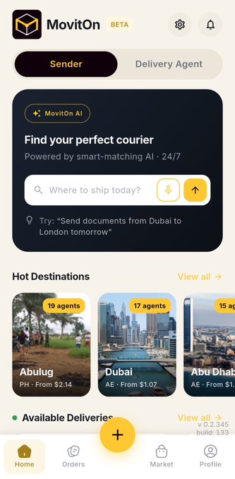 A mobile app screenshot for 'MovitOn BETA', a courier service app with a 'Sender' tab selected, featuring 'MovitOn AI' smart-matching, a search bar, and 'Hot Destinations' like Abulug (PH - From $2.14) and Dubai (AE - From $1.07).