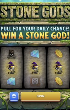 A screenshot of a mobile game titled 'STONE GODS' showing a slot machine-style 'PULL FOR YOUR DAILY CHANCE! WIN A STONE GOD!' interface with a 'SPIN' button.