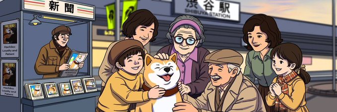 An anime-style illustration depicts a family and a Shiba Inu dog at Shibuya Station, with a news vendor selling papers on the left.