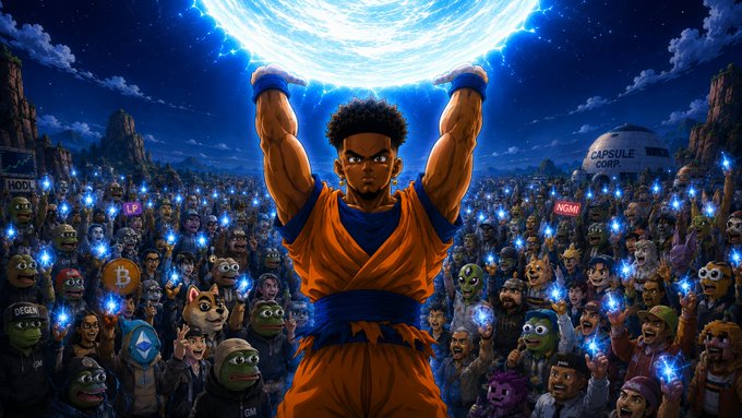 An anime-style warrior in an orange gi channels a massive blue energy sphere overhead, rallying a diverse crowd of meme characters and crypto enthusiasts—including references to "HODL," "MEME," and "CAPSULE CORP"—who hold up glowing blue symbols in unity, visually echoing the post's call for holders, believers, and degens to unite and save the trenches.
