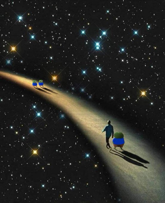 Two small blue figures walk along a glowing path through a starry cosmos, leaving a person and a cap behind in the distance—visually echoing the post's message about the $HYPE airdrop being deliberately skipped rather than missed. The figures represent the airdropped rewards that slipped away, while the lone figure below symbolizes the poster's intentional choice not to participate.
