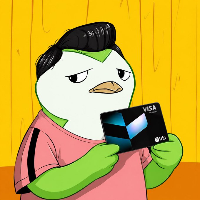 The image features a cartoon penguin wearing a pink shirt holding a black Visa card with blue edges. The penguin appears to be looking at the card, possibly contemplating its next move or transaction. The background of the image consists of yellow walls, which contrasts nicely with the white and green colors of the penguin's outfit.