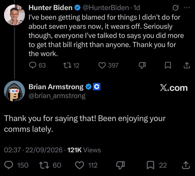 A screenshot of a Twitter exchange between Hunter Biden (@HunterBiden) and Coinbase CEO Brian Armstrong (@brian_armstrong), where Hunter thanks Brian for his work on a bill and Brian responds warmly, garnering 121K views on 09/22/2026—juxtaposed with criticism that Armstrong has ignored Hunter Biden's alleged use of Coinbase's blockchain to scam Base users.