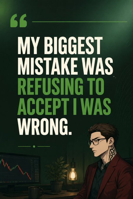 Motivational quote graphic with the text 'MY BIGGEST MISTAKE WAS REFUSING TO ACCEPT I WAS WRONG.' next to an illustrated trader looking at a downward stock chart.