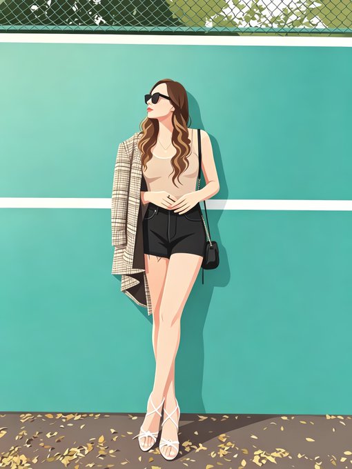 An illustrated stylized portrait of a fashionable young woman wearing sunglasses, a plaid blazer, and black shorts, leaning against a teal tennis court wall.