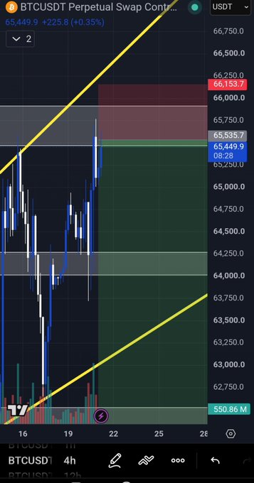 A BTCUSDT perpetual swap chart on TradingView shows Bitcoin trading at $65,449.9, up 0.35% ($225.8), with a yellow ascending channel pattern and recent price action testing resistance near $66,153, visually supporting the bearish call to "send it lower."