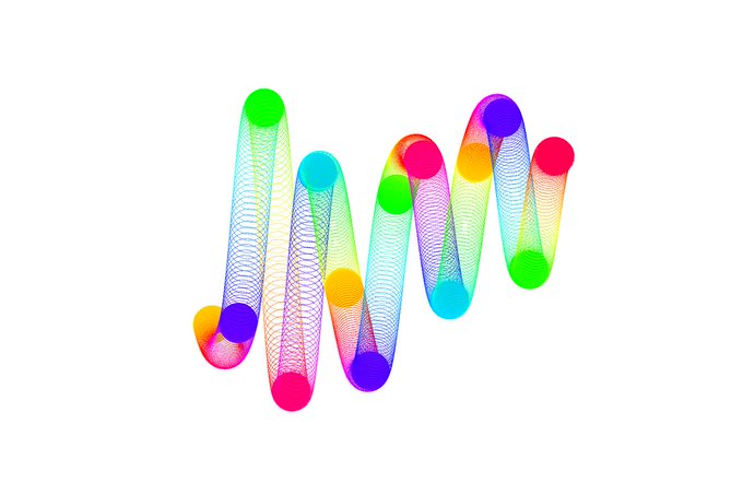 An abstract digital artwork featuring colorful spiral patterns (pink, green, blue, yellow, purple) forming wave-like shapes with glowing dots against a white background.