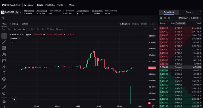 The image shows a trading chart for $CASHCAT on the Lighter platform, with the price fluctuating and an order book displaying buy and sell orders. This aligns with the post mentioning $CASHCAT being listed on Lighter perps.
