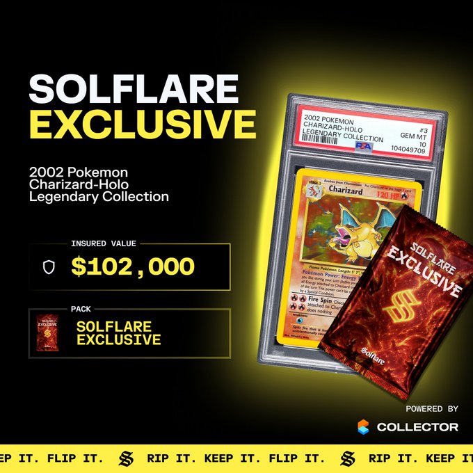 A Solflare Exclusive ad for a 2002 Pokemon Charizard-Holo Legendary Collection card insured at $102,000, powered by Collector.