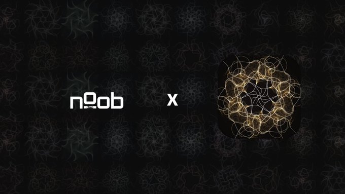 A dark promotional graphic featuring the 'n0ob' (n0ob.bnb) logo alongside an 'x' and a golden ornate circular emblem.