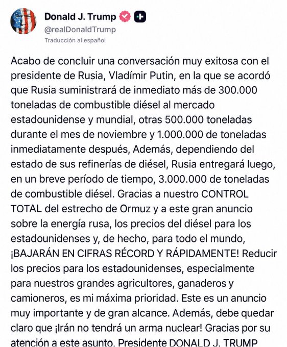A Spanish-language social media post from Donald J. Trump (@realDonaldTrump) announcing a successful conversation with Russian President Vladimir Putin regarding the supply of diesel fuel.