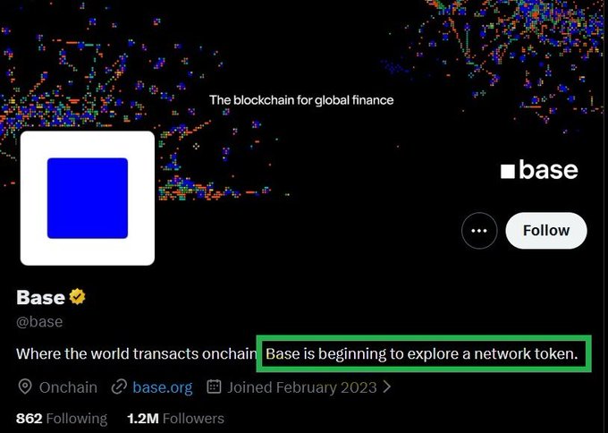 The image shows a social media post by Base, which has been tagged with a green "Follow" button. The post contains text that reads, "ngl the market feels pretty quiet right now there aren'T many new projects coming and we'r all expecting TGEs from a very limited number of projects". This message is related to the base account's recent post about exploring a network token. The post has been tagged with a green "Follow" button, indicating that it has gained some attention or interest from users who found the content valuable or relevant.