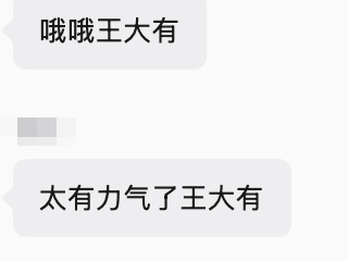 A Chinese chat message exchange reading '哦哦王大有' and '太有力气了王大有'.