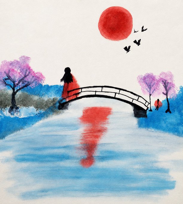 A watercolor painting titled "Bridge of Quiet Dreams" depicts a serene scene featuring a figure in red standing on an arched bridge over reflective water, with a large red sun, flying birds, and pink-blossomed trees completing the tranquil, dreamlike atmosphere.