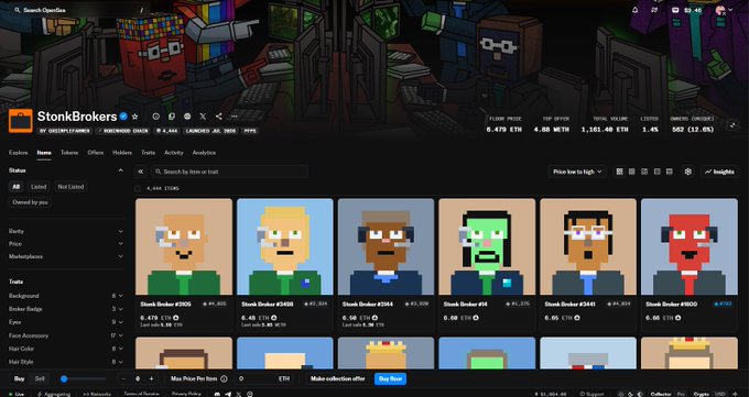Screenshot of StonkBrokers, a crypto NFT marketplace showing pixel art 'Stonk Broker' avatars priced in ETH (e.g., #2565, #2688, #2564) with a floor price of 6.479 ETH.