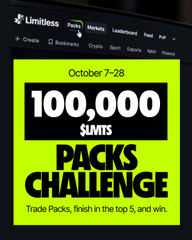 A bright green graphic for "Limitless" markets announces an "October 7-28" "100,000 $LMTS PACKS CHALLENGE" with instructions to "Trade Packs, finish in the top 5, and win." The image ties to the post detailing a 100,000 LMTS prize pool for top traders based on staked amount ahead of the Season 4 airdrop.