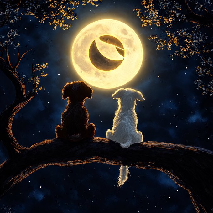 An artistic illustration of two dogs sitting on a tree branch, gazing at a large glowing moon that has the Sui (SUI) logo carved into it.
