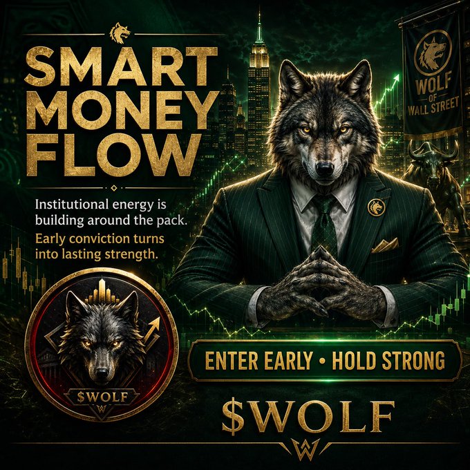 The promotional graphic features an anthropomorphic wolf in a dark pinstripe suit against a city skyline and stock chart backdrop, with text reading "SMART MONEY FLOW," "ENTER EARLY • HOLD STRONG," and the ticker "$WOLF." It visually reinforces the post's message about quiet capital accumulation and disciplined positioning ahead of a larger move.