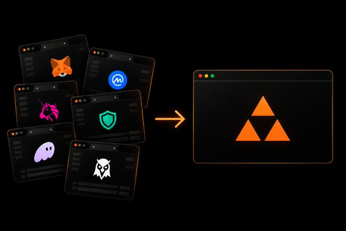 The image shows multiple small browser windows featuring various crypto app logos (MetaMask, Uniswap, Etherscan, and others) being consolidated into a single window displaying an orange triangular logo, visually representing how "Vision" simplifies the crypto experience by replacing numerous tabs and tools with one unified platform.