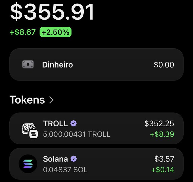 The image shows a screenshot of an app displaying information about different cryptocurrency tokens that are currently available for investment. The primary focus of this screen is the "Troll" token, which has a current value of $5,000,000.49. There are also other tokens displayed on the screen with various values. The post about investing in crypto assets or tokens seems to be related to these investments and would be worth considering for those interested in cryptocurrency trading or investment strategies.