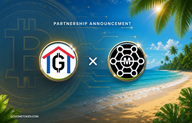 The image features two logos, one for Bitcoin and another for Gethsemane.com. The Bitcoin logo has a white house with a red roof, while the Gethsemane.com logo displays a black circle with a white "M" inside of it. Both logos are placed on a beach scene backdrop featuring palm trees and water. The image also includes text that reads "Partnership Announcement", indicating an upcoming partnership between Bitcoin and Gethsemane.com, which aims to scale globally in the world of meme-driven community energy and Web3 trading platforms.