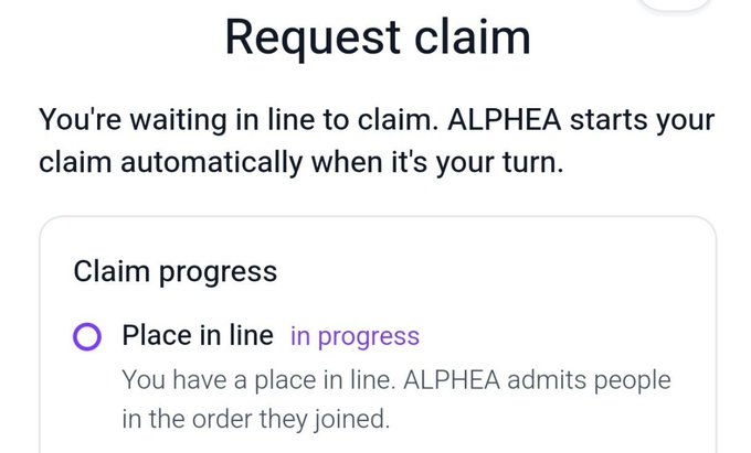 A mobile app screen displays "Request claim" with the message "You're waiting in line to claim. ALPHEA starts your claim automatically when it's your turn," and shows "Place in line" marked as "in progress."
