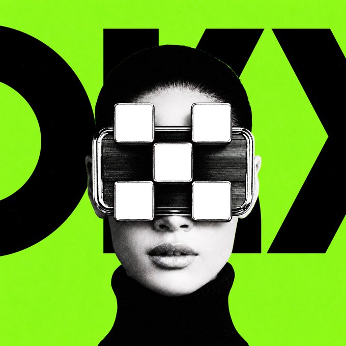 A stylized black-and-white image of a woman wearing a futuristic VR headset made of six white squares, set against a bright green background with large black letters.