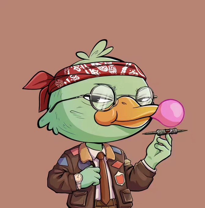 The image features a cartoon duck wearing glasses and a bandana around its neck, holding a pink bubble gum bubblegum. The duck appears to be blowing bubbles with the gum while standing against a brown background. There are no texts or other objects in the image, making it a simple and straightforward scene focused on the cartoon duck's actions.