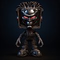 A small, stylized 3D figure with a large metallic, spiked helmet and dark clothing stands against a dark background.