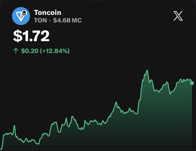The image is a black screen displaying a graph of cryptocurrency values, with blue lines showing the rise or fall of cryptocurrency prices. At the top left corner, there's text that reads "TON coin $1.72" while below it are price points on either side of $17.2. The overall layout suggests that TON is rising in value compared to other cryptocurrencies. However, the specific value being referred to is $1.72, as shown by the text above and below it.