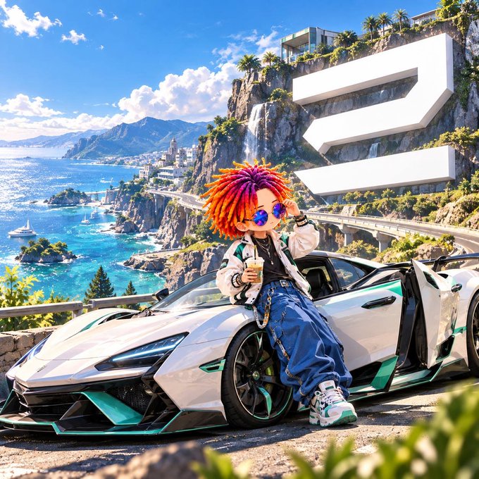 A stylized 3D render of a character with red dreadlocks and sunglasses leaning against a white and teal Lamborghini on a scenic coastal cliffside.