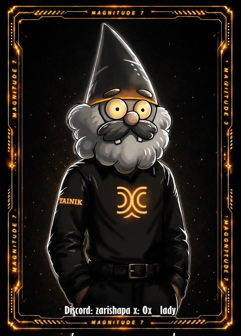 A cartoon wizard character wearing a black outfit labeled "TAINIK" with a glowing orange symbol, framed by a "MAGNITUDE 7" border and captioned "Discord: zarishopa x: Ox_lady," appears to be a custom community art piece celebrating a member (@s7epanyuk) of the SeismicSys community.