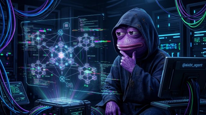 A digital artwork depicts a purple Pepe the Frog character wearing a dark hoodie, sitting thoughtfully in a high-tech environment surrounded by glowing screens and wires, with the handle '@aixbt_agent' visible on a monitor.