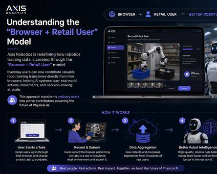 Marketing graphic for Axis Robotics titled 'Understanding the Browser + Retail User Model,' explaining their data collection approach to train robots through everyday user interactions.