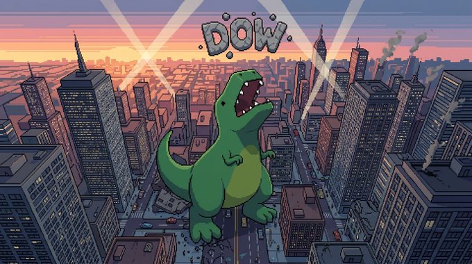 A cartoon T-Rex roars triumphantly over a city skyline at sunset with the word "DOW" crumbling above it, playfully illustrating the post's call to "airdrop" the $DOW Jones memecoin to rival Robinhood communities as part of an ambitious "flippening."