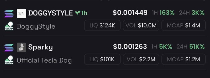 The image displays a trading dashboard featuring two Solana memecoins: "DoggyStyle" (priced at $0.001449, up 163% in 1H) and "Sparky" / "Official Tesla Dog" (priced at $0.001263, up 5K% in 1H), both showing low market caps ($1.4M and $1.2M) with modest liquidity. This ties to the post's joke about Solana's chaotic player-vs-player culture, where meme tokens can skyrocket thousands of percent within hours, epitomizing Solana's reputation as a wild PVP trading arena.