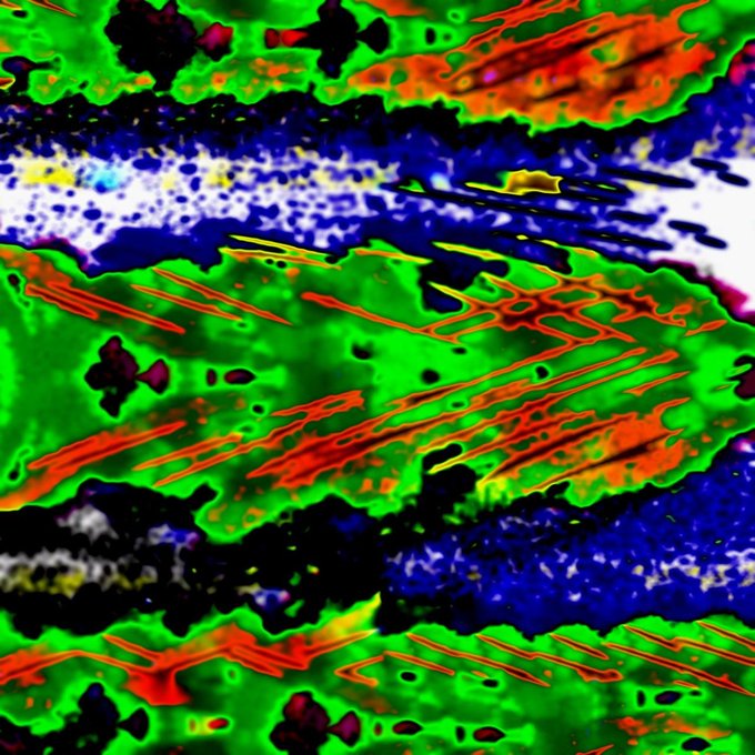 An abstract, highly saturated image with horizontal bands of vivid green, red, blue, and black featuring chaotic, glitch-like patterns and textures.