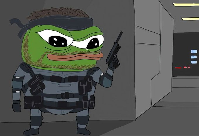 A cartoon illustration depicts a chibi-style Pepe the Frog character dressed as the video game character Solid Snake from Metal Gear Solid, complete with tactical gear, a bandana, and a handgun.