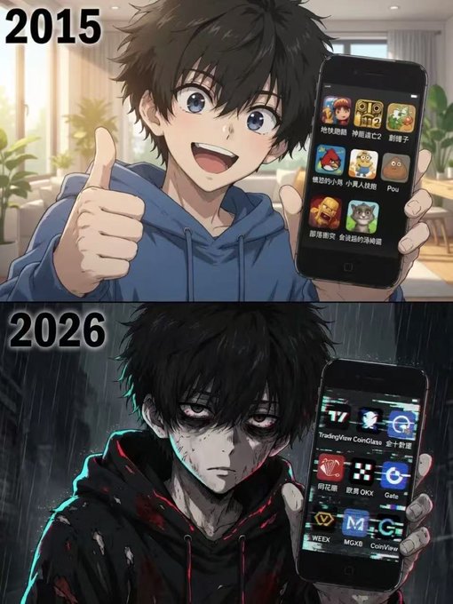 A two-panel anime-style meme comparing 2015 and 2026, showing a cheerful boy with casual mobile games in 2015 versus a darker, distressed character with trading apps like TradingView, Gate, OKX, WEEX, and CoinView in 2026.