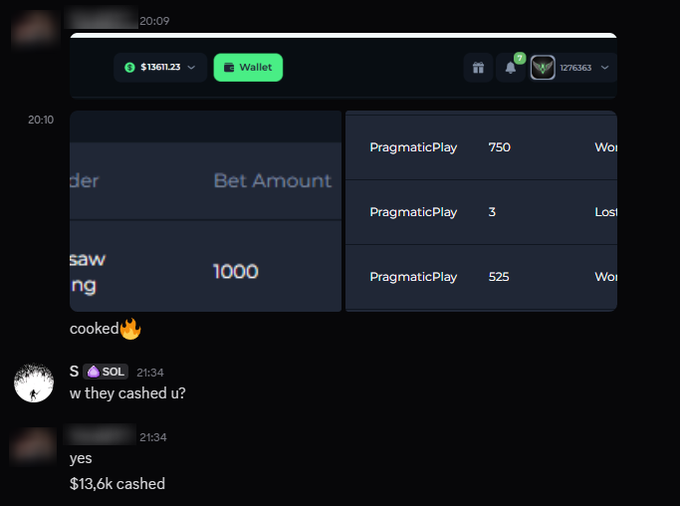 A Discord conversation shows a player's gambling results with PragmaticPlay games, displaying bets of 750, 3, and 525, along with a screenshot of a $1,361.23 wallet balance being cashed out, illustrating the post's claim of turning a 4k deposit into a $13.6k cashout without KYC requests.
