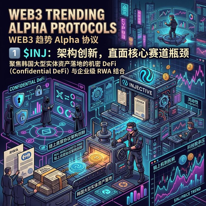 An infographic titled 'WEB3 TRENDING ALPHA PROTOCOLS' highlights '$INJ' and 'INJECTIVE', discussing 'CONFIDENTIAL DeFi' and 'RWA' topics in English and Chinese.