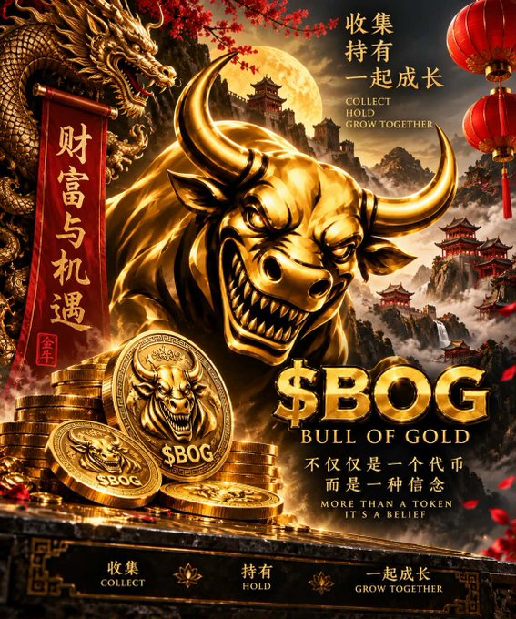 A promotional graphic for the '$BOG' (Bull of Gold) cryptocurrency token, featuring a fierce golden bull, Chinese characters, and coins, with text stating 'COLLECT HOLD GROW TOGETHER' and 'MORE THAN A TOKEN IT'S A BELIEF'.