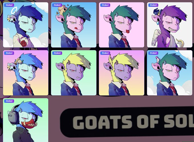 A grid of nine cartoon goat avatars from the "Goats of Solana" collection, each "Straked" in a stylized suit with various colors and accessories like halos, horns, and headphones. The post highlights the user's growing "Goats of Solana" suit collection, with each portrait showcasing a differently colored suited goat character.