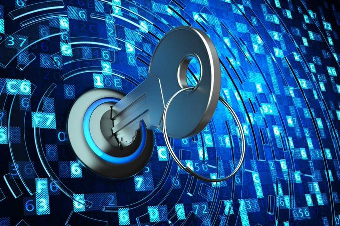 A digital graphic featuring a large silver key with a glowing blue center, set against a blue background with floating numbers and digital patterns.
