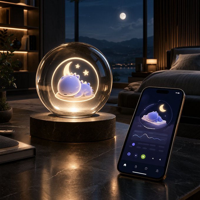 A glowing spherical night light featuring a cute dinosaur character resting on a crescent moon sits on a table next to a smartphone displaying a matching app interface, set in a moody bedroom scene.