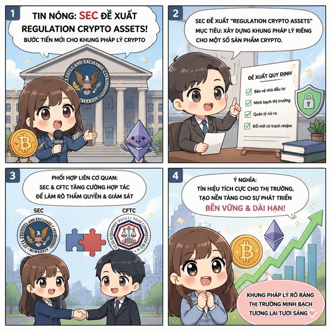 A four-panel Vietnamese infographic about SEC proposing 'Regulation Crypto Assets' featuring cartoon characters, the SEC building, Bitcoin/Ethereum symbols, and text about collaboration with CFTC.