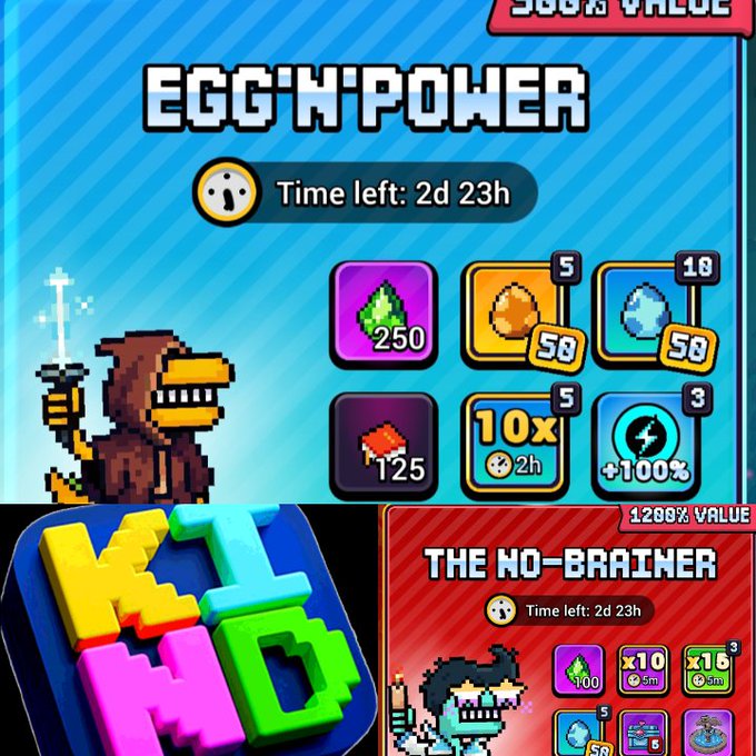 The image shows a mobile game promotional screen featuring "EGG'N'POWER" and "THE NO-BRAINER" weekend packs, with offers including 250/100 gems, 5/18 crystals for 50 coins each, and various boosts like 2h and 3h power-ups, all with 2d 23h remaining. A pixel-art dinosaur character appears alongside the "KIND" game logo, relating to the post's announcement of new weekend packs available for three days on the Ronin Network as part of the Kind Creators program.