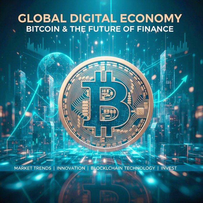 The image features a large golden coin with a blue background that appears to be floating above a city skyline, giving an impression of being in outer space or hovering over a futuristic cityscape. The text "Global Digital Economy" is written at the top of the image, and it also includes the words "BITCOIN & THE FUTURE OF FINANCE".