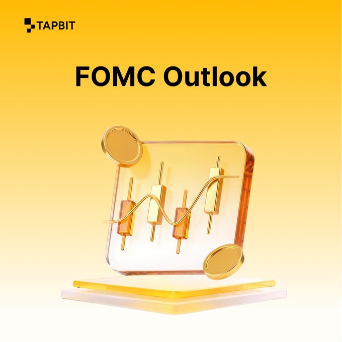 A promotional graphic for Tapbit with the title 'FOMC Outlook' featuring a 3D rendering of golden coins and a chart with candlesticks on a glass panel against a yellow background.