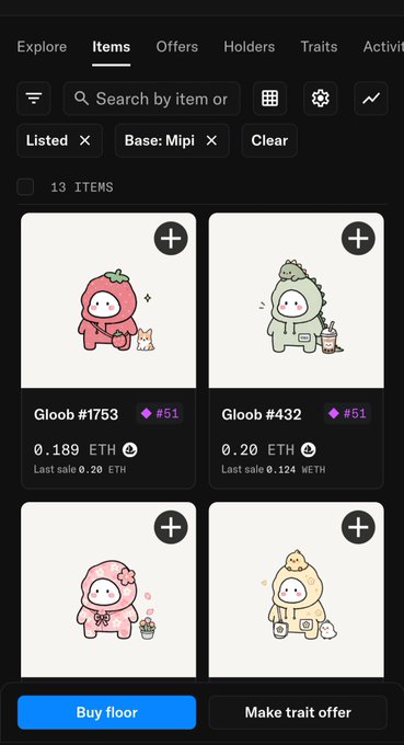A screenshot of an NFT marketplace displays 13 listed "Gloob" items from the Mipi collection, with floor prices ranging from 0.189 ETH (#1753) and 0.20 ETH (#432), illustrating the post's observation that Mipi floor prices have recovered above 0.1 ETH despite the collection's rarity of only 50 unique items.
